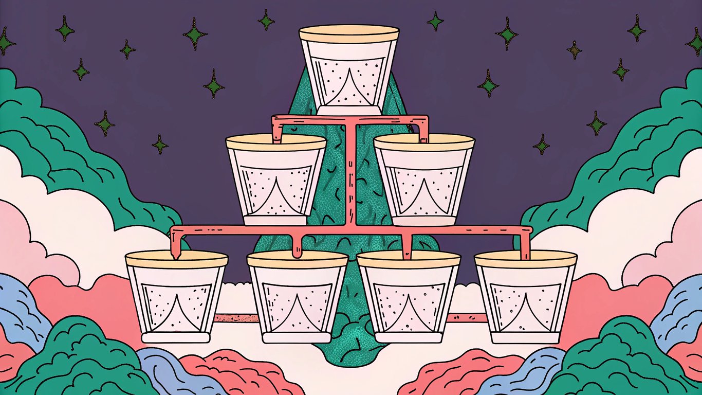 A cascading chain of translucent glass cups, water flowing from a larger cup into several smaller ones, each cup at a different water level to illustrate authority distribution, subtle gradients to show diminishing authority.