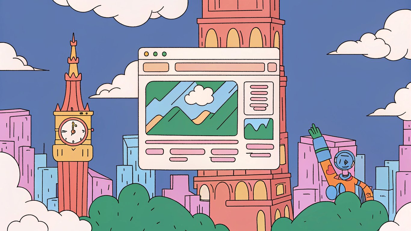 A layered city skyline representing a website, with a central tower as the homepage and descending streets that grow narrower to symbolize link depth, a robot with a ticking clock in its pocket symbolizing crawl budget, faint arrows tracing authority flow from the top to deeper levels.