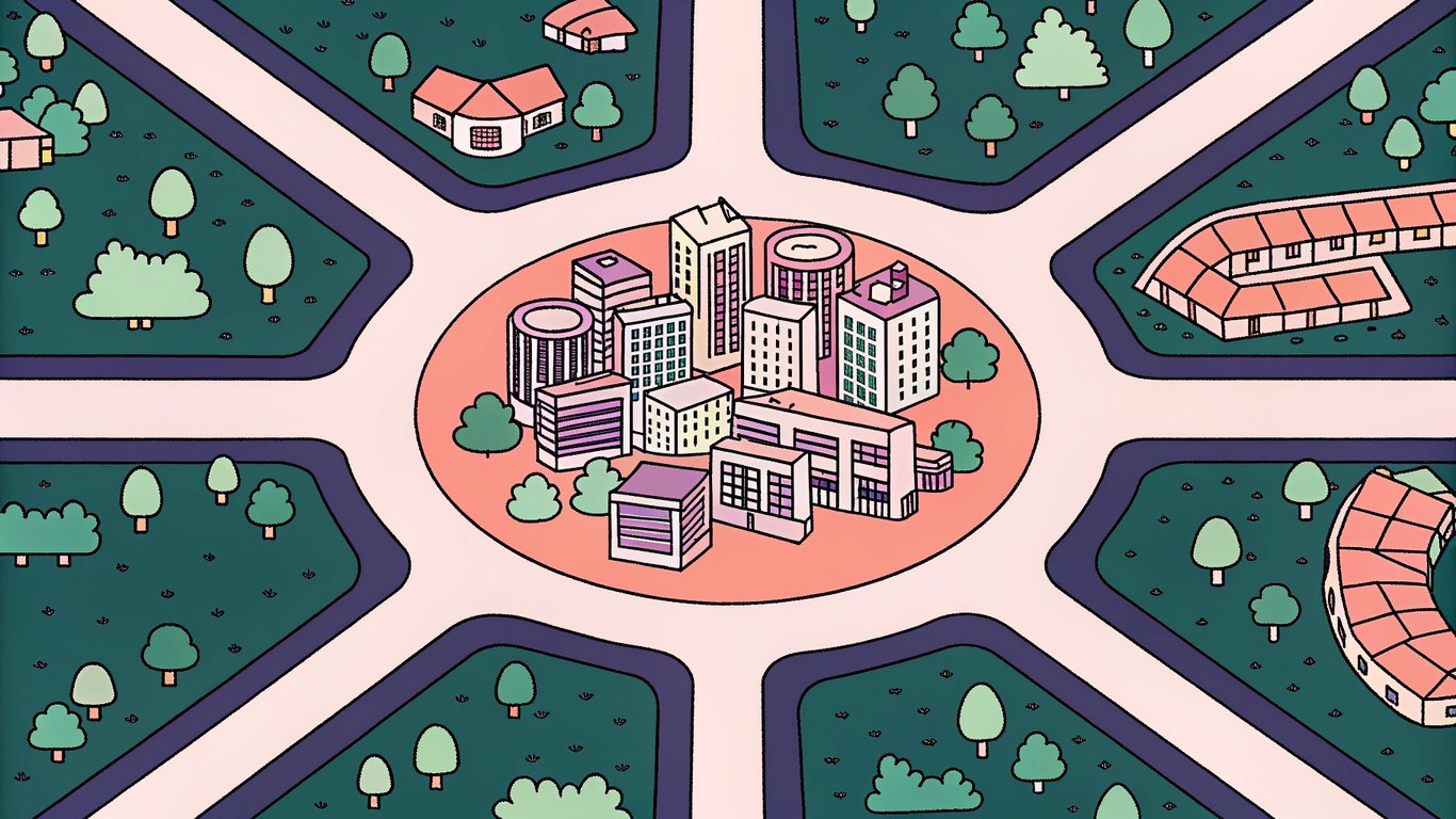 A cityscape with distinct neighborhoods for Performance Optimization, Security, and SEO connected by winding roads, a central hub where all roads converge, satellite towns linked back to the hub, illustrating a two‑way traffic flow of authority.