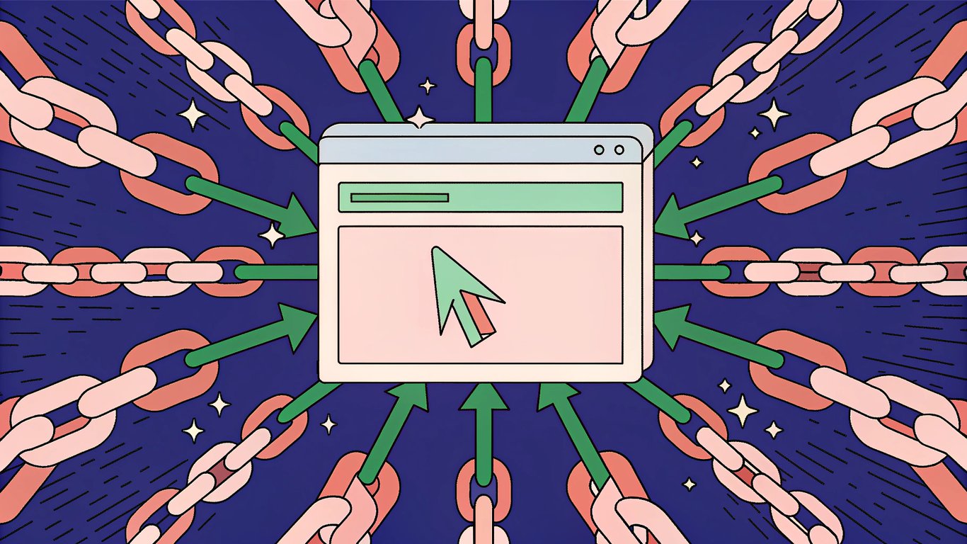 a lone, floating webpage icon isolated on a dark background, a web of glowing links radiating from a bustling central hub, a subtle arrow pointing toward the hub to signify integration and authority flow