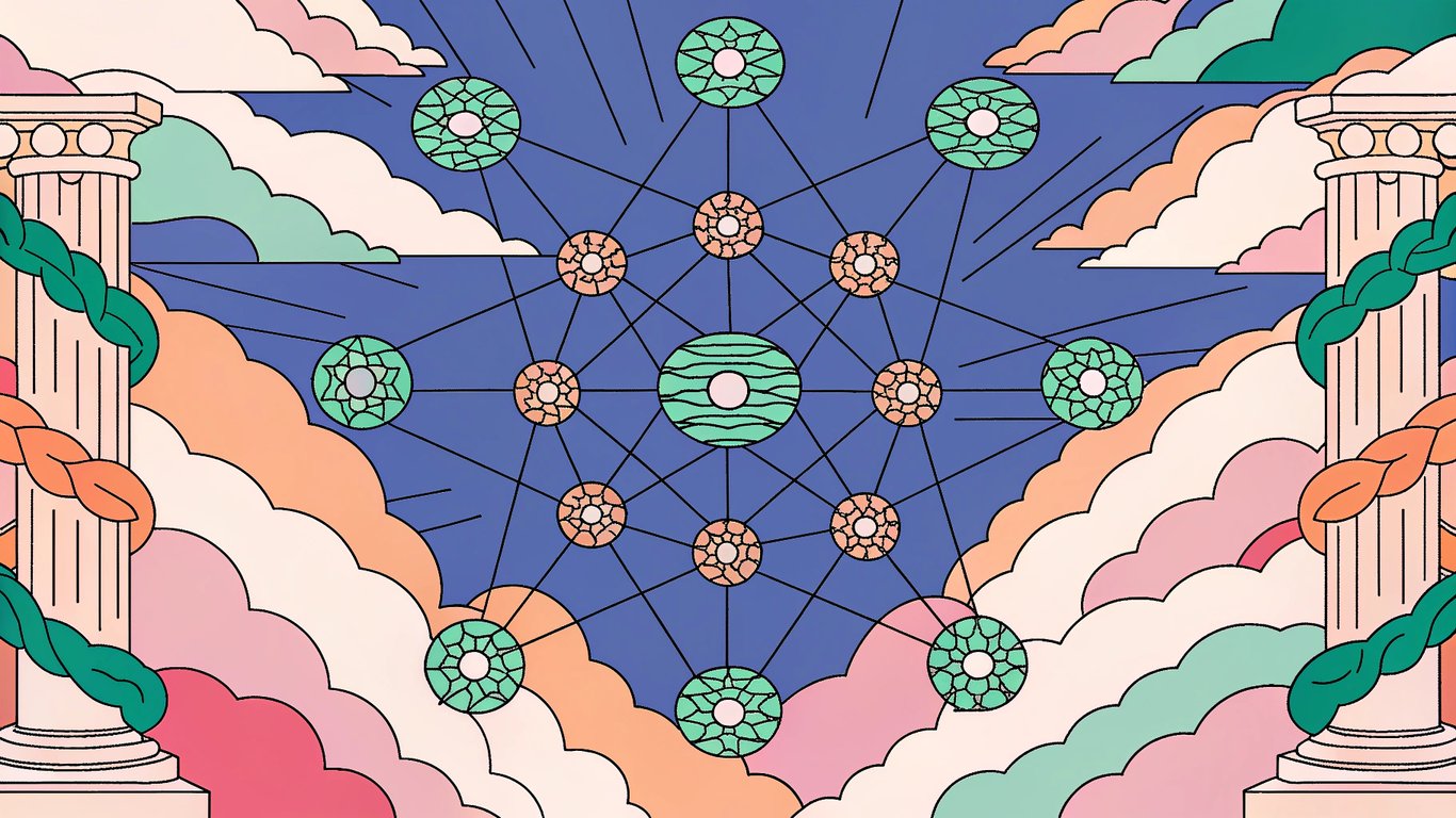 a sleek, glowing web of interconnected nodes representing article links, a subtle, mechanical arm weaving threads between them, a cityscape of content pillars linked by luminous ribbons, an abstract algorithmic brain mapping pathways