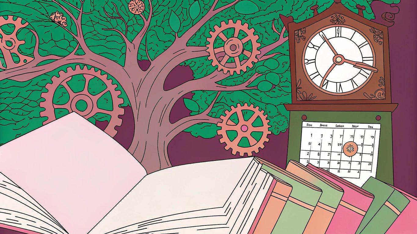 A clock with rotating gears, a stack of books turning pages, a tree with roots intertwining into a web, a calendar with arrows marking monthly, quarterly, and yearly cycles