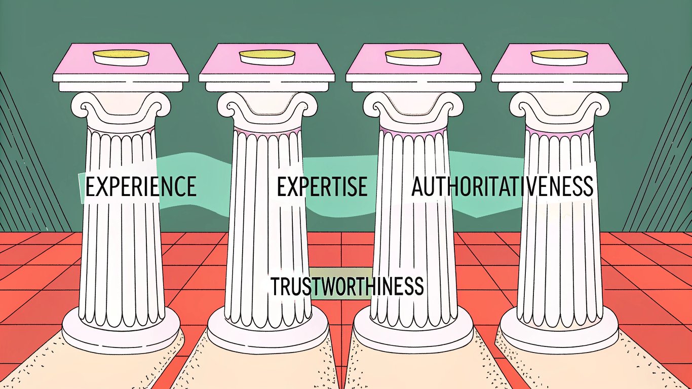 Illustration of four pillars representing E-E-A-T supporting a search engine icon