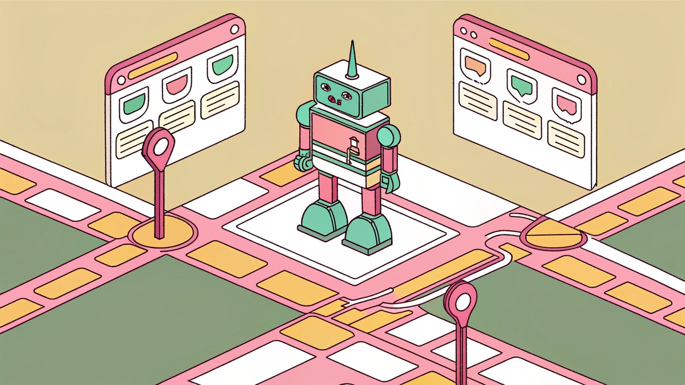 Illustration of a robot following signs on a website map, representing robots.txt directives
