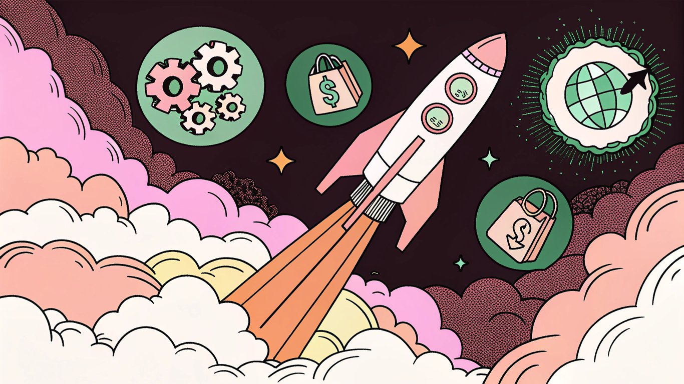 Rocket launching from a WordPress logo, symbolizing the benefits of AI content generation like speed, efficiency, and growth.