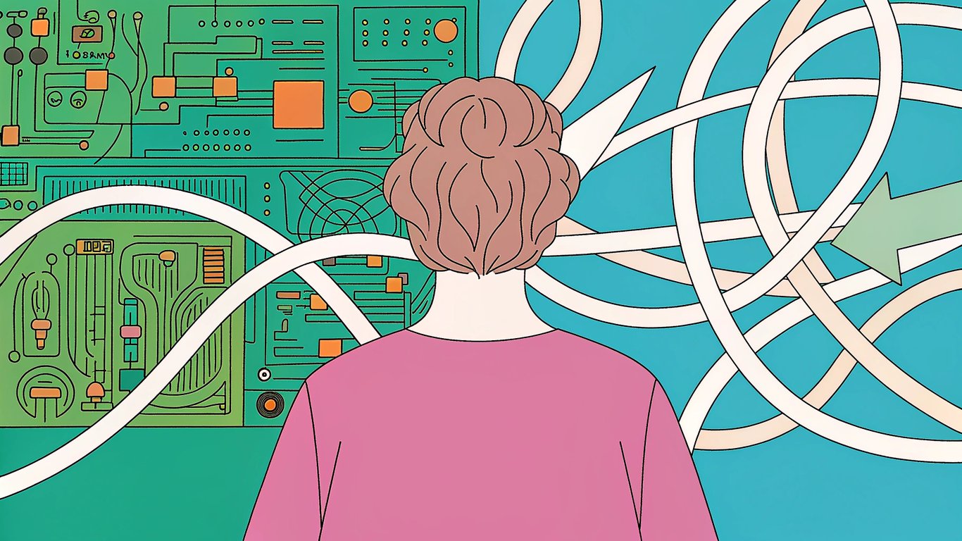 A person looking confused at complex SEO jargon, with a clear, simplified path ahead.