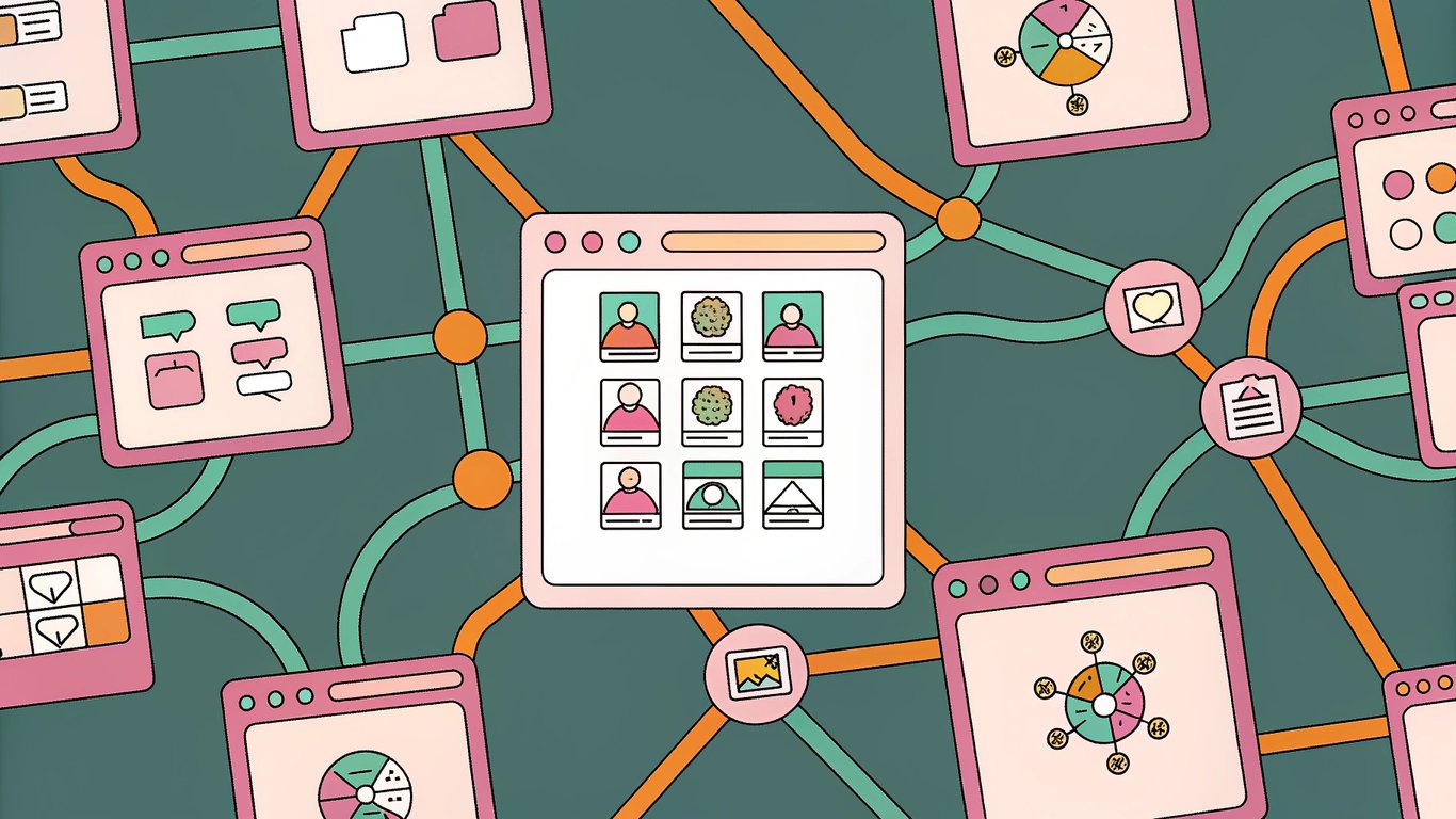Digital illustration of various SEO tools and platforms connected, with Yoast SEO as a central, simplifying hub.