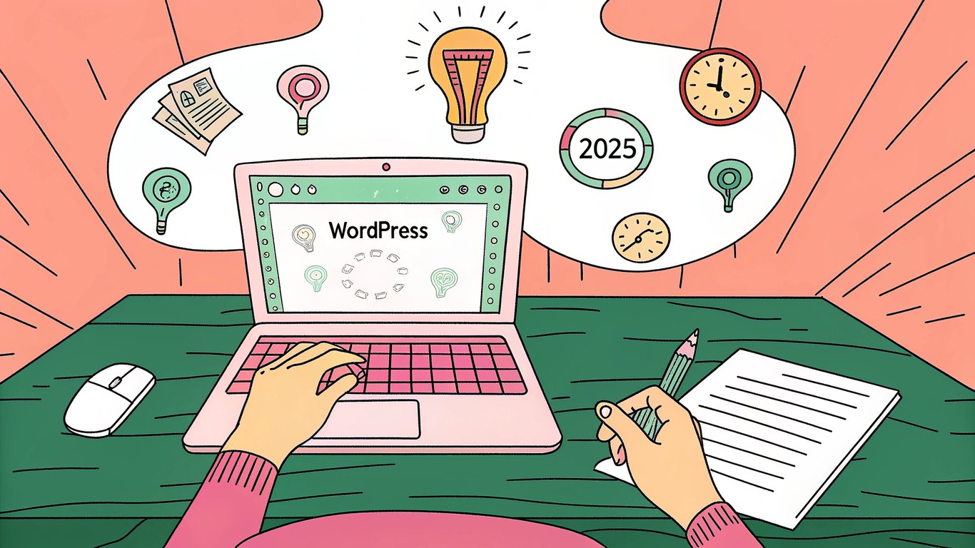 An energetic solo blogger sits at a modern desk, laptop open to a WordPress dashboard, surrounded by floating icons of SEO metrics, a glowing 2025 digital clock, and a bright lightbulb symbolizing DIY creativity, all bathed in warm, inviting light. The scene conveys empowerment and the promise of mastering SEO on a budget, with subtle hints of digital analytics and a sleek, futuristic vibe.