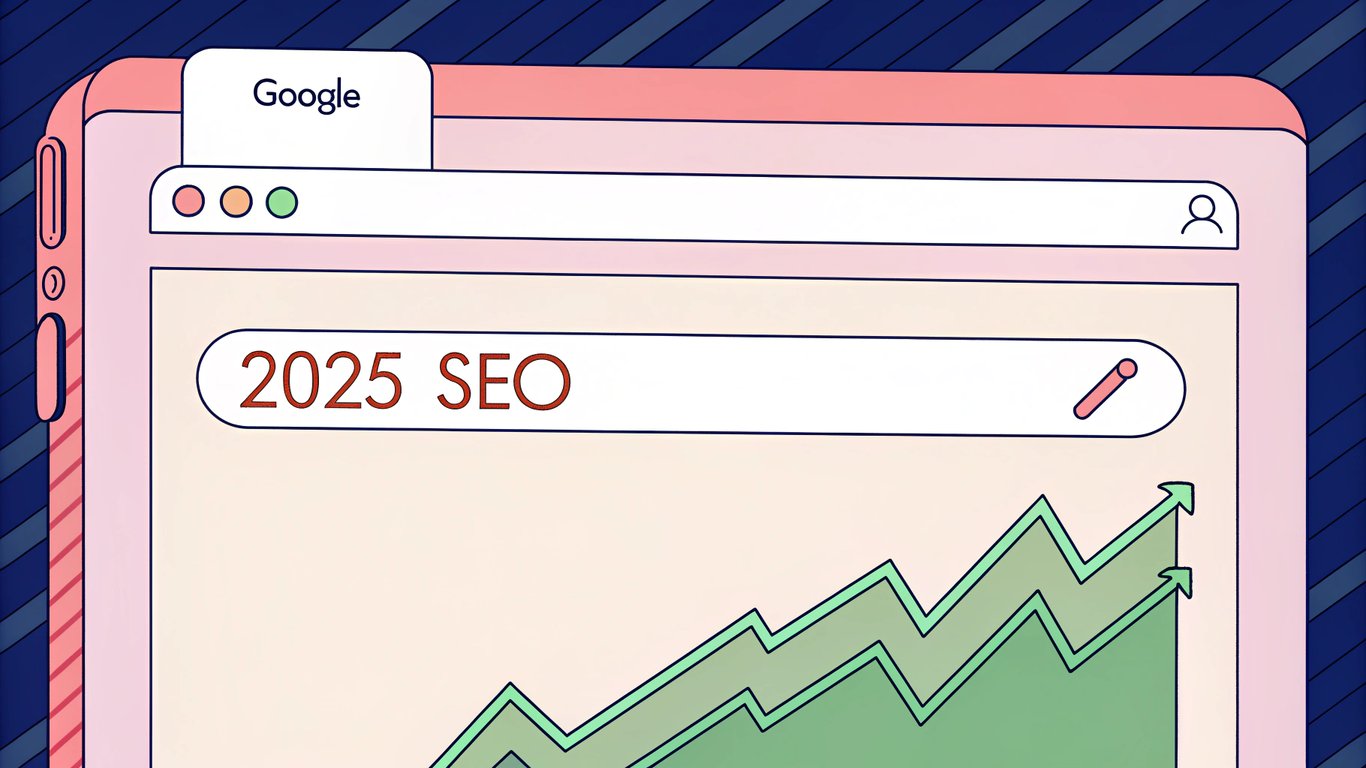 A sleek, modern WordPress admin dashboard screen with a glowing green upward trend graph and a highlighted Google search result at the top, set against a dark, tech‑inspired background, radiating energy and success for 2025 SEO.