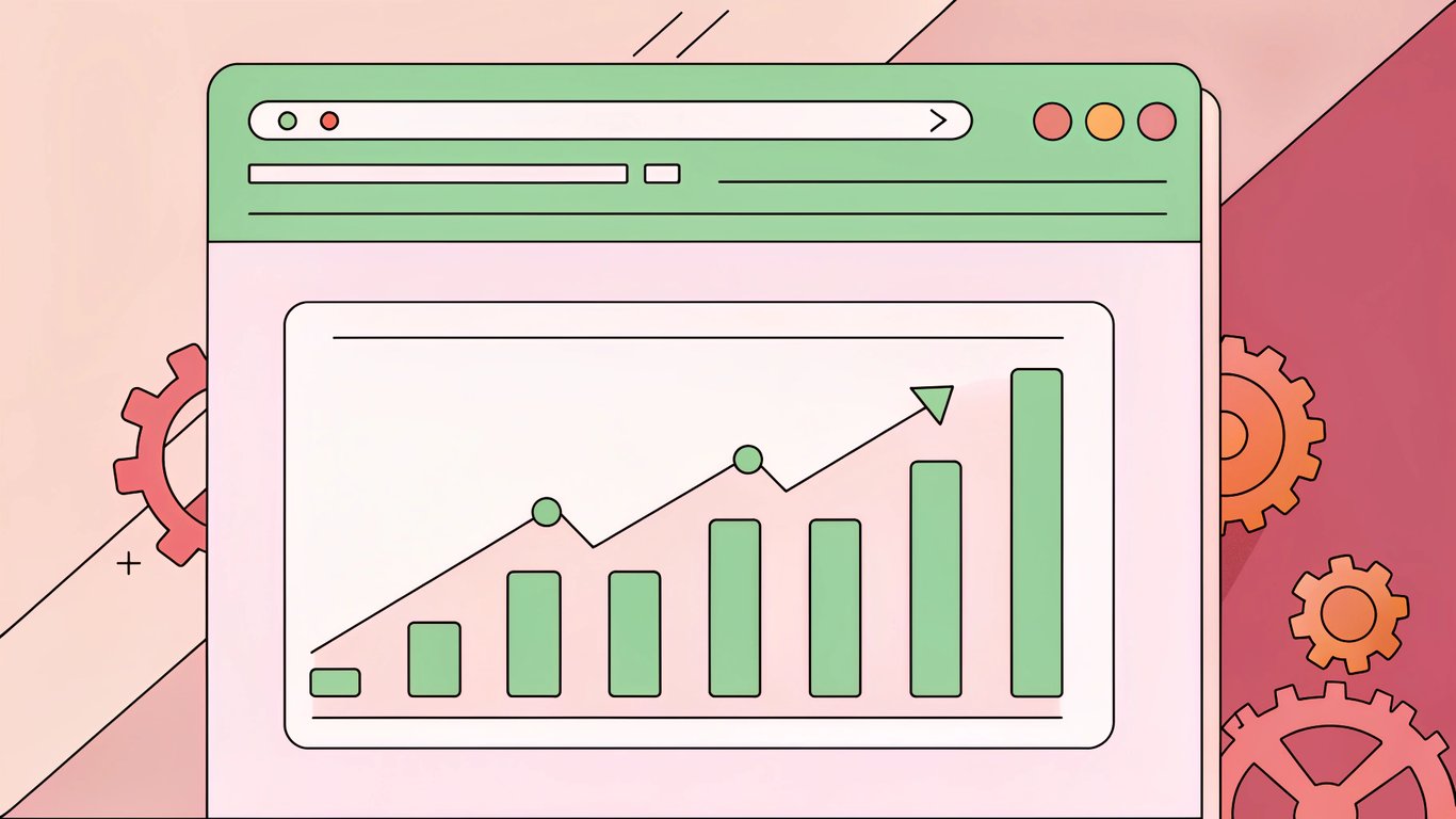 A sleek WordPress admin panel with a glowing search bar, an ascending line graph, and subtle digital gears, set against a dark neon-lit background that hints at digital optimization and growth.