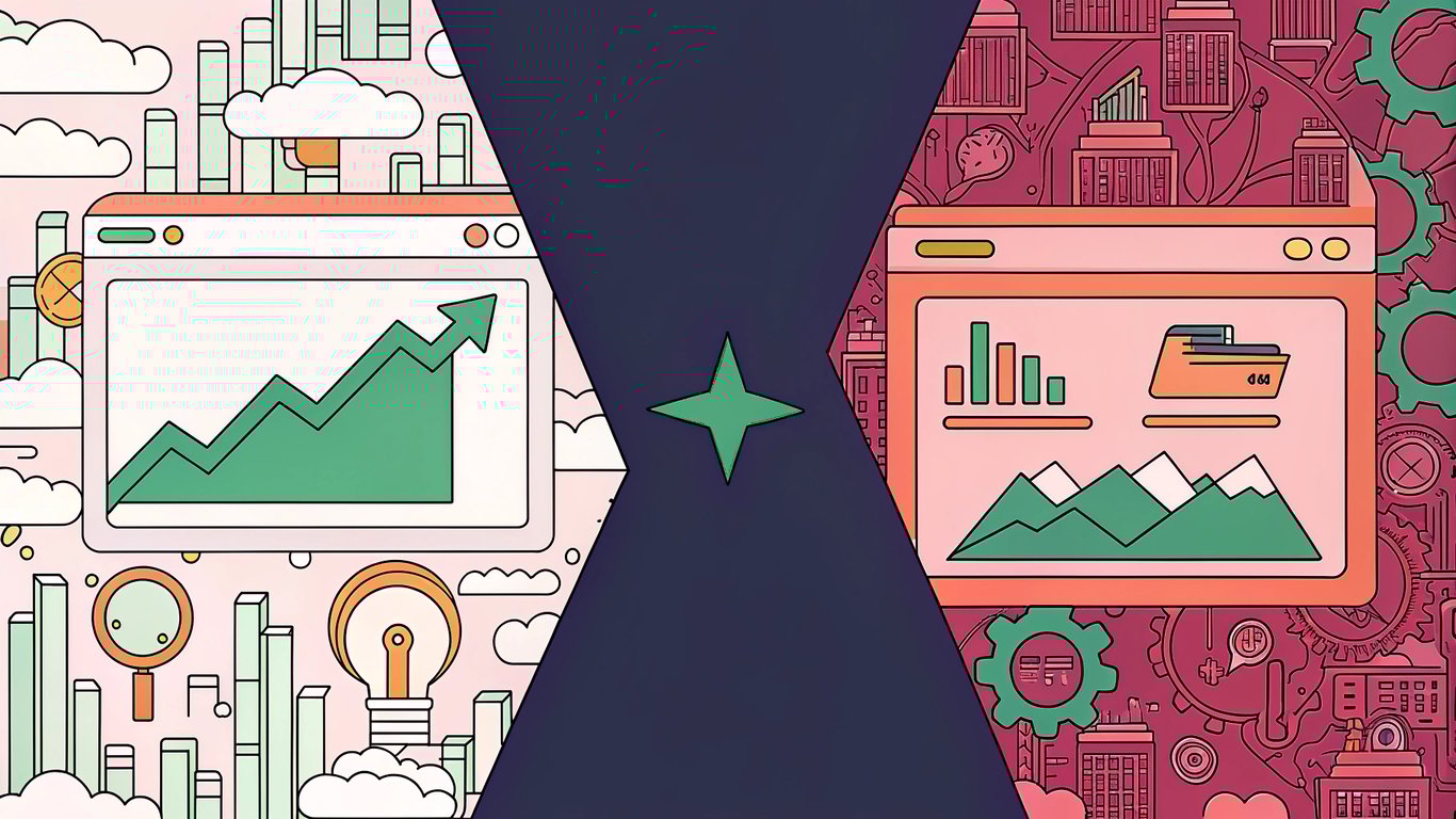 A dynamic split‑screen illustration: one side shows a sleek WordPress dashboard with bright, ascending SEO graphs, while the other side displays stylized icons of competing platforms and their performance charts, all set against a vibrant, futuristic digital cityscape backdrop.