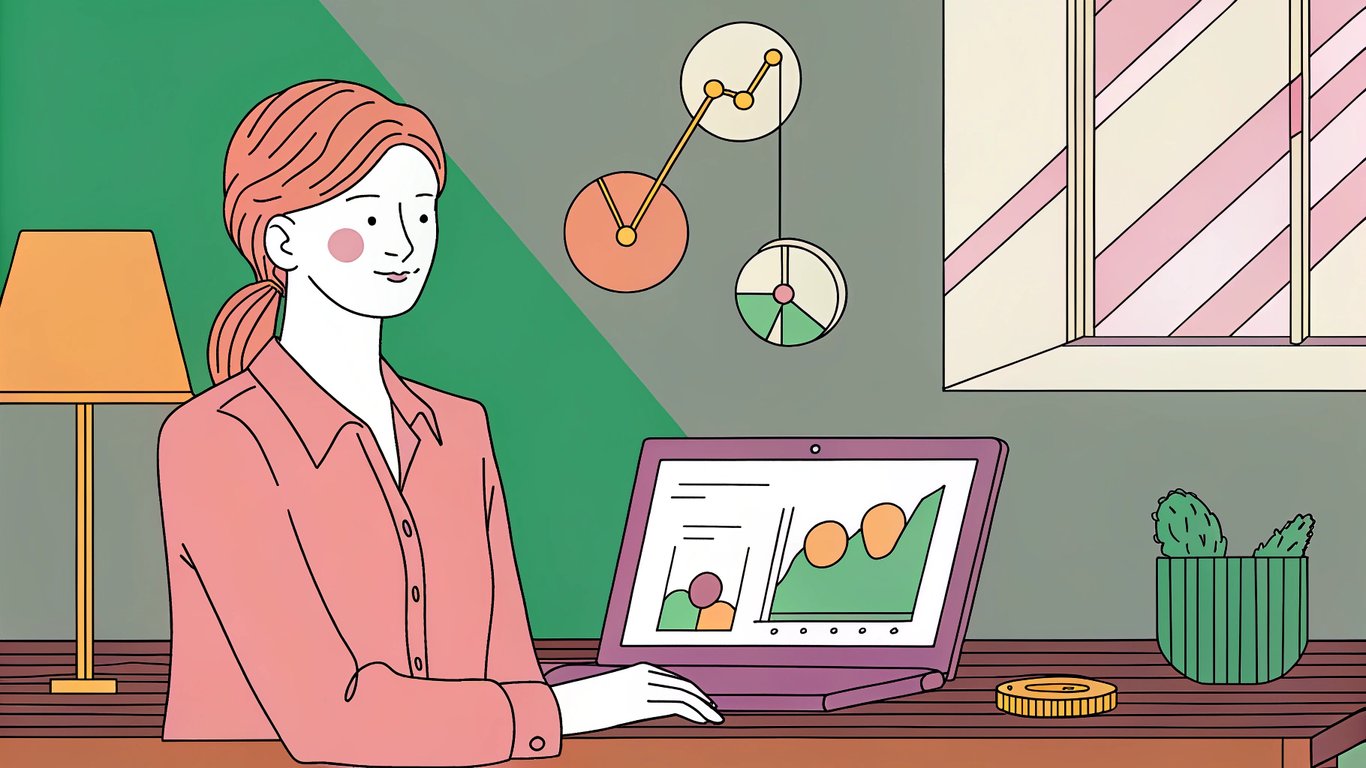 A small business owner sits at a sleek desk, laptop open to a WordPress dashboard, surrounded by floating icons of SEO—magnifying glass, upward arrow, search bar—while a subtle balancing scale hovers, weighing a coin on one side against a rising graph on the other, all bathed in warm, modern office lighting.