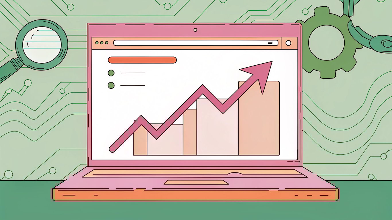 A sleek laptop screen displays the WordPress dashboard, with a dynamic upward graph and SEO icons like magnifying glasses and search result snippets, all bathed in cool blue light. The background features subtle digital circuitry and a faint glow, evoking tech and progress.