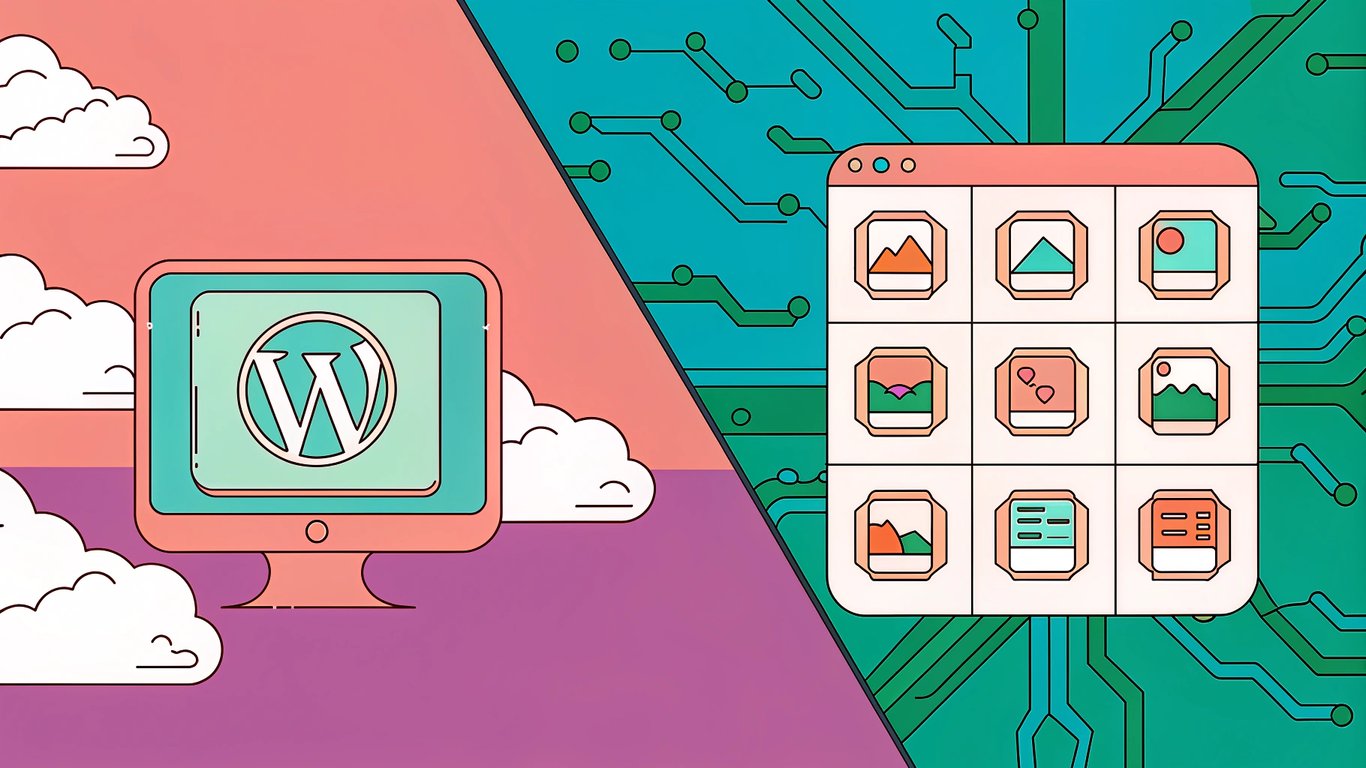 A vibrant split-screen illustration featuring a stylized WordPress logo on the left and sleek icons of competitor platforms on the right, surrounded by floating data charts and a glowing 2025 calendar. The background is a gradient sky with subtle circuit patterns, creating a high‑tech, futuristic feel.