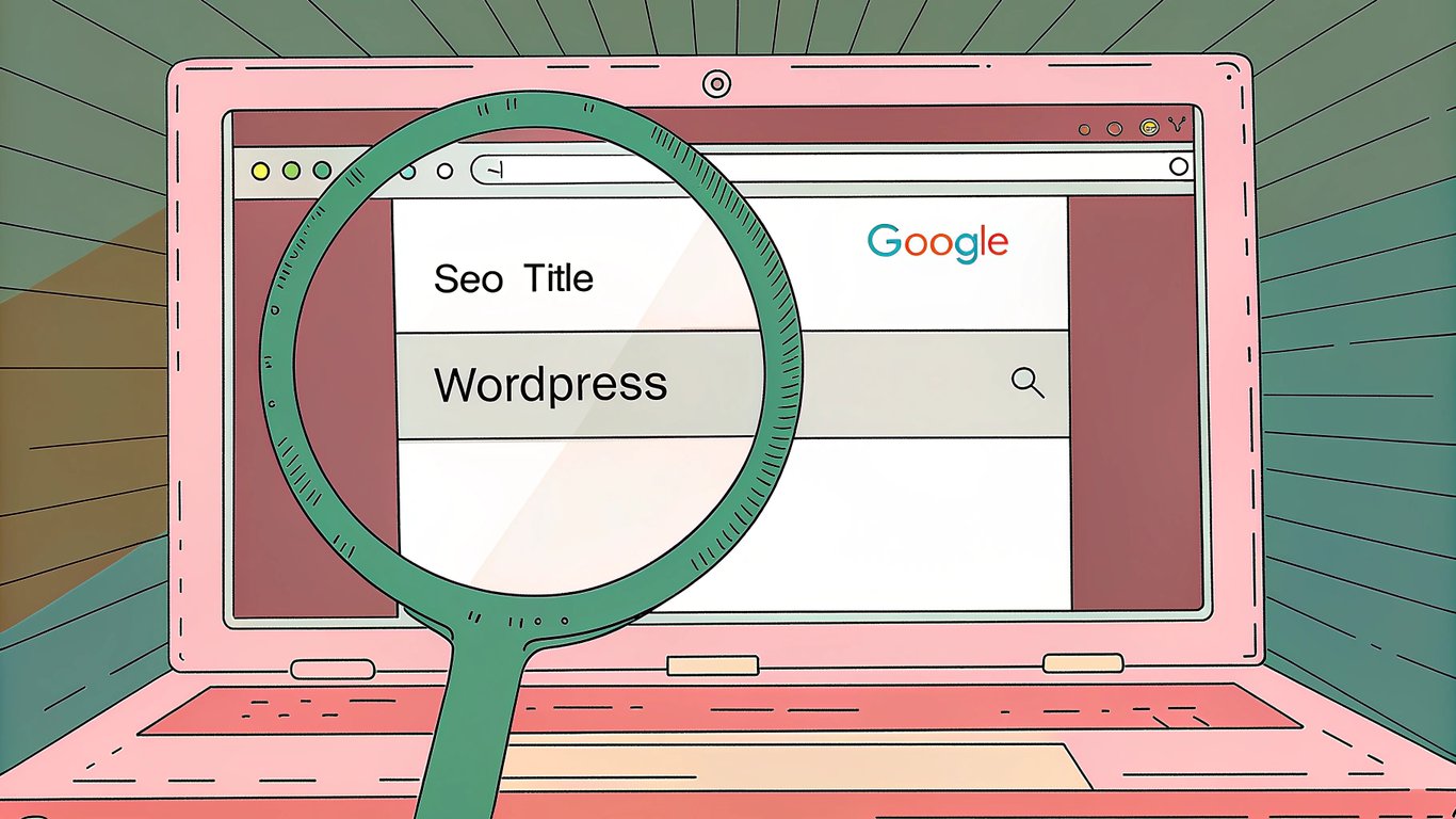 A sleek laptop screen displays a WordPress dashboard with a highlighted SEO title field, paired with a Google search results page where the title stands out, all bathed in vibrant blues and greens with subtle glowing accents to convey digital focus. The composition features a stylized magnifying glass hovering over the title, casting gentle rays of light and a soft gradient background to emphasize clarity and search visibility.