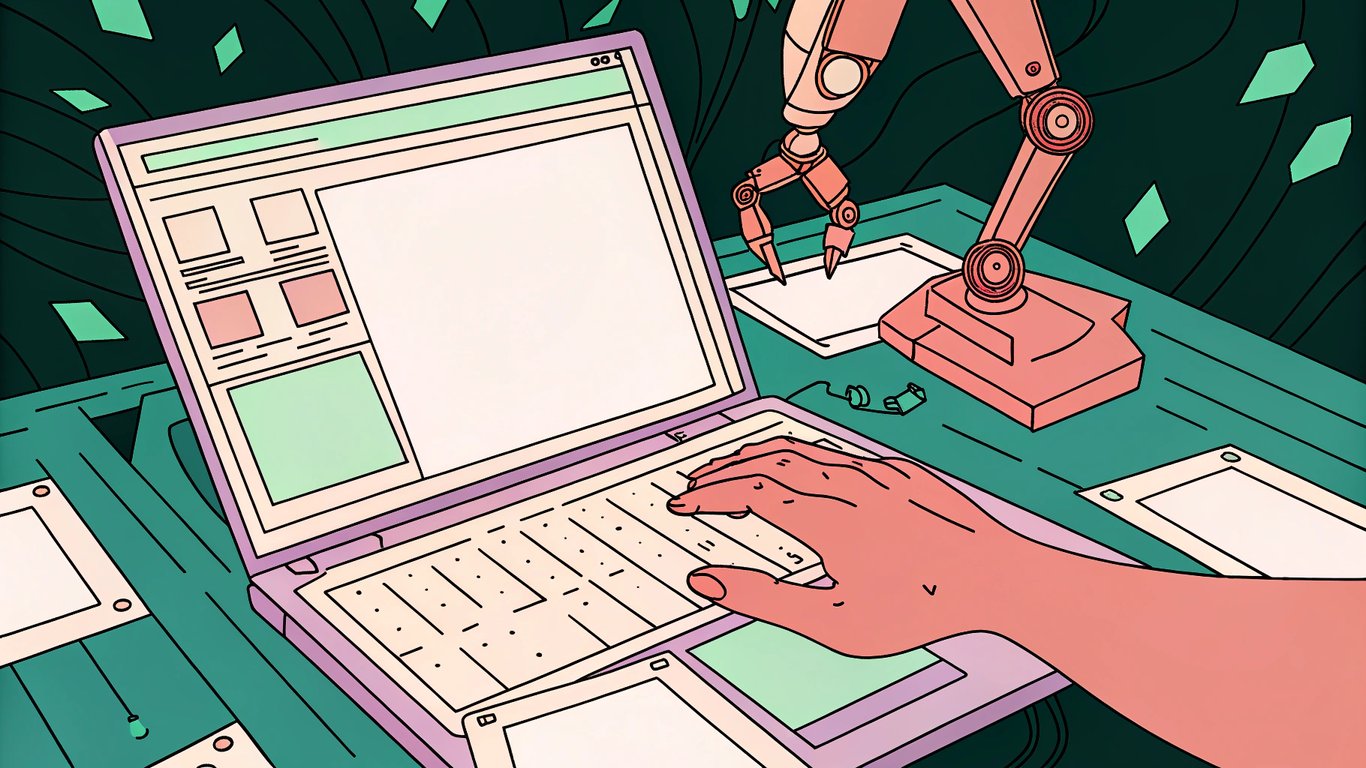 A high‑tech, glowing workspace with a laptop open to a WordPress dashboard, surrounded by floating AI‑generated blog post icons and a robotic arm typing, all bathed in soft blue and green LED light.