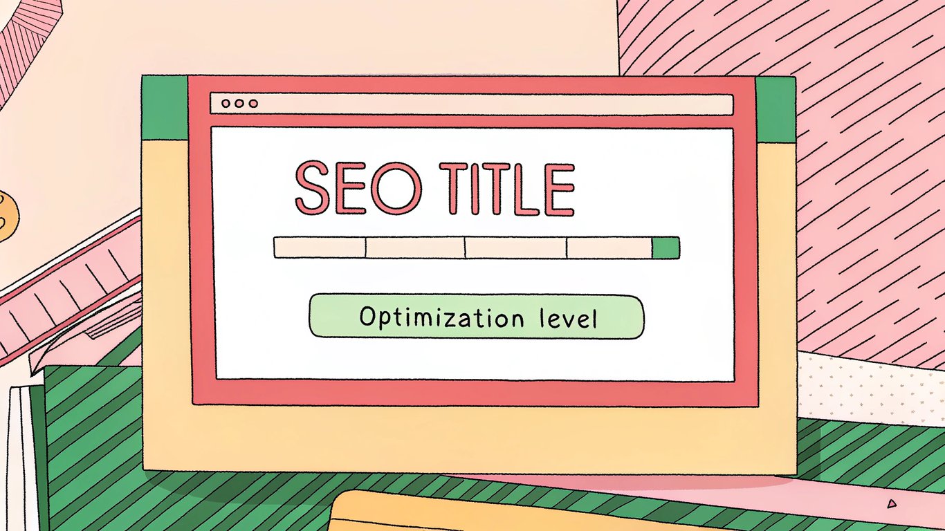 Digital illustration of an SEO plugin interface showing a title input field, an optimization meter, and a search result snippet preview.