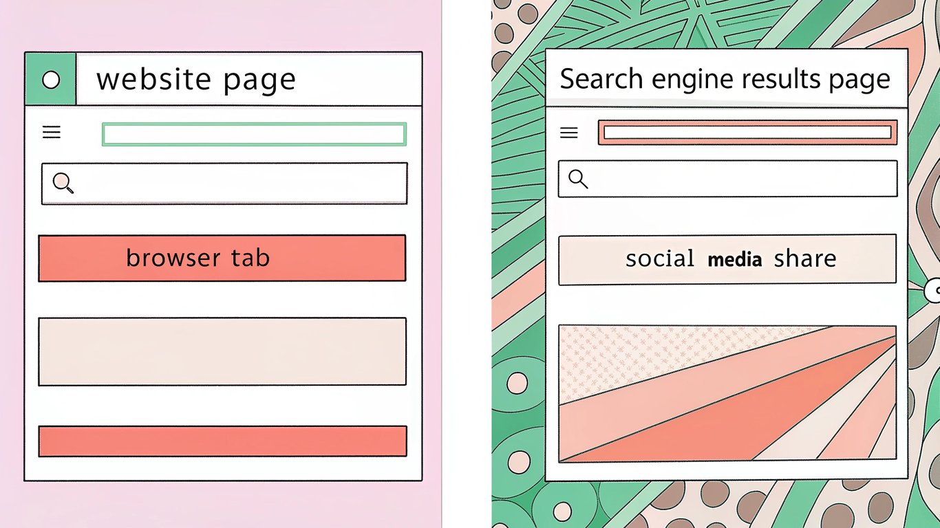 Illustration comparing a website's on-page post title with its SEO title as seen in search results, browser tabs, and social media.