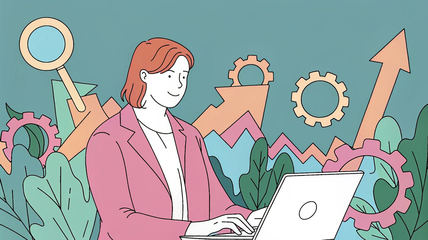 A person working on a laptop with SEO elements around them, representing DIY WordPress SEO.