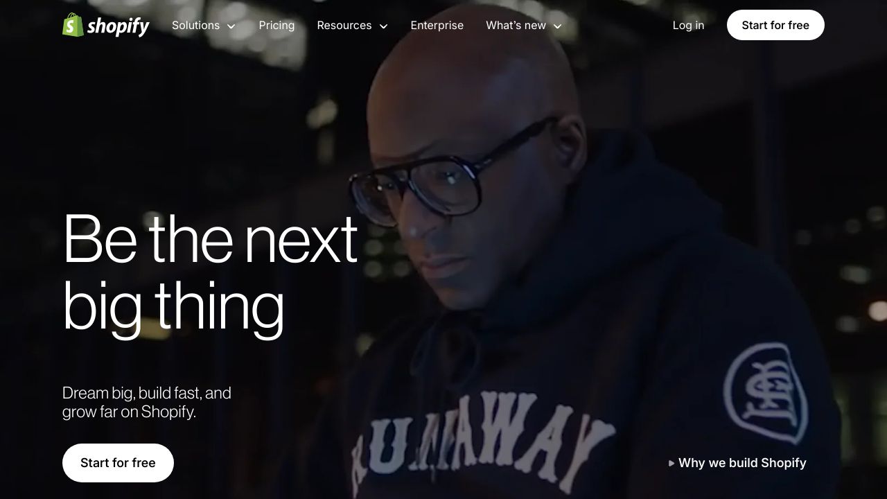 Screenshot of the Shopify e-commerce platform homepage, showcasing its design and features.