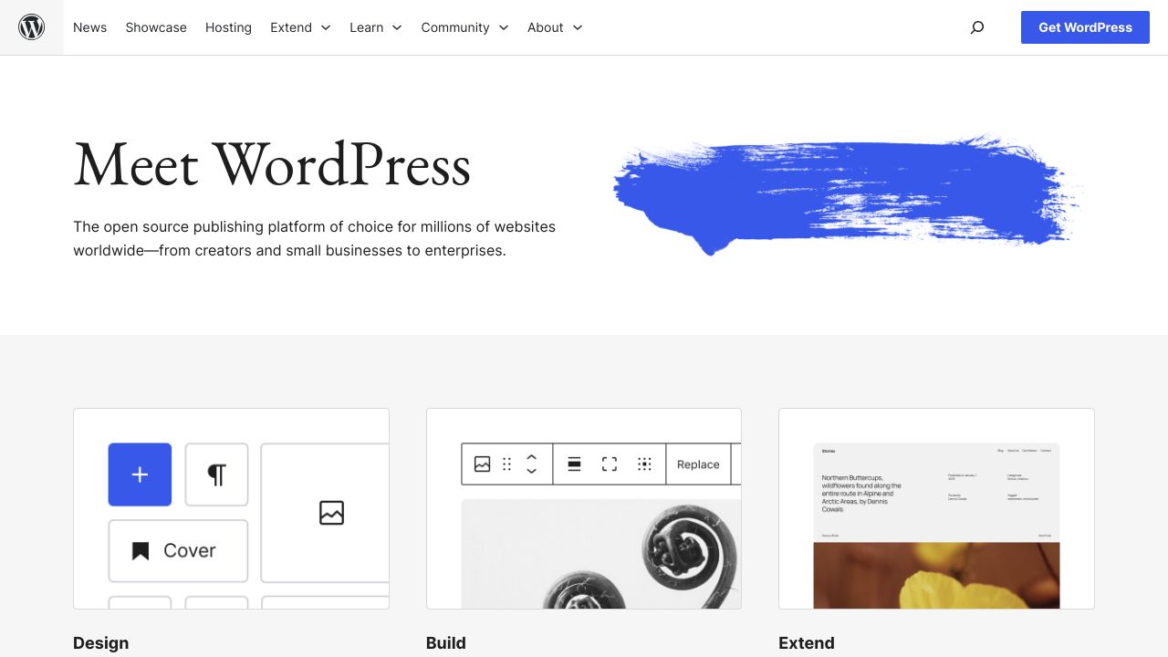 The WordPress.org homepage, representing the platform where SEO settings are configured.