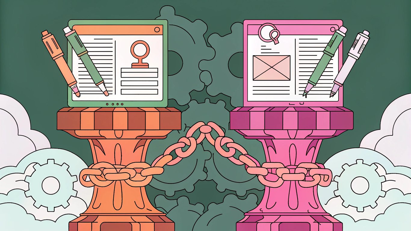 Two foundational pillars, labeled 'Technical SEO' and 'Content SEO,' supporting a website, illustrating their combined importance for search rankings.