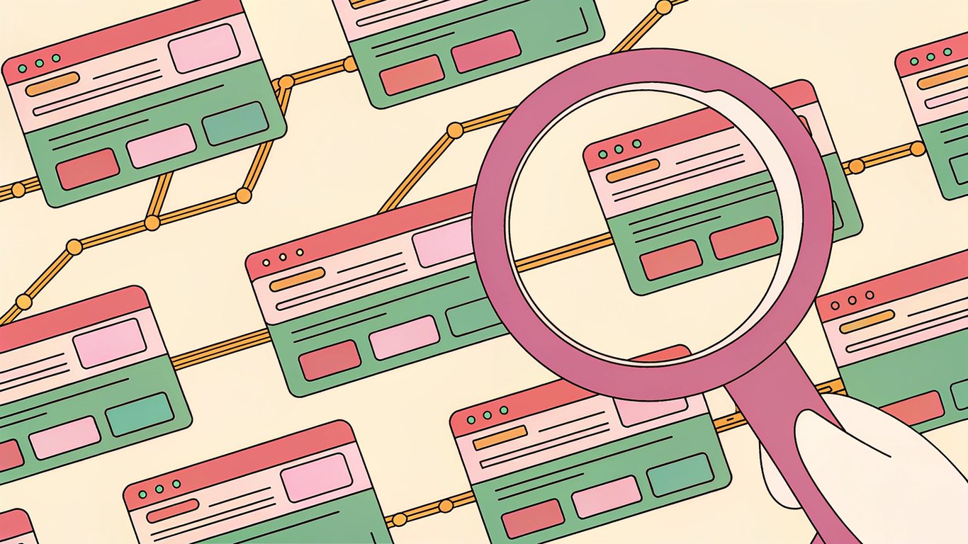 Illustration representing content discoverability and SEO, with some content easily found by a magnifying glass and other content hidden.