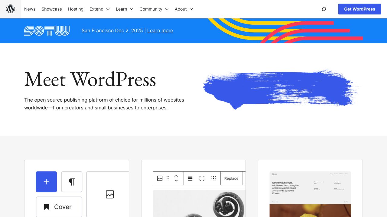 Screenshot of the WordPress.org homepage, showcasing its open-source nature and community focus.