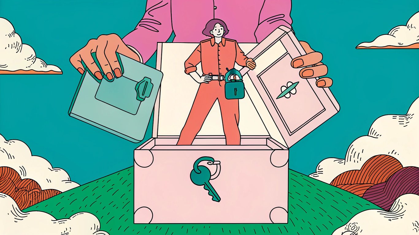 Illustration of a person holding a key to their digital content, which is being packed into a moving box, symbolizing content ownership and portability.