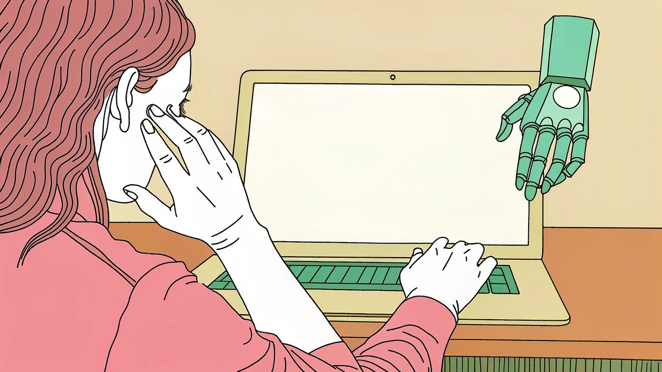 A person struggling with content creation while an AI assistant efficiently generates content.