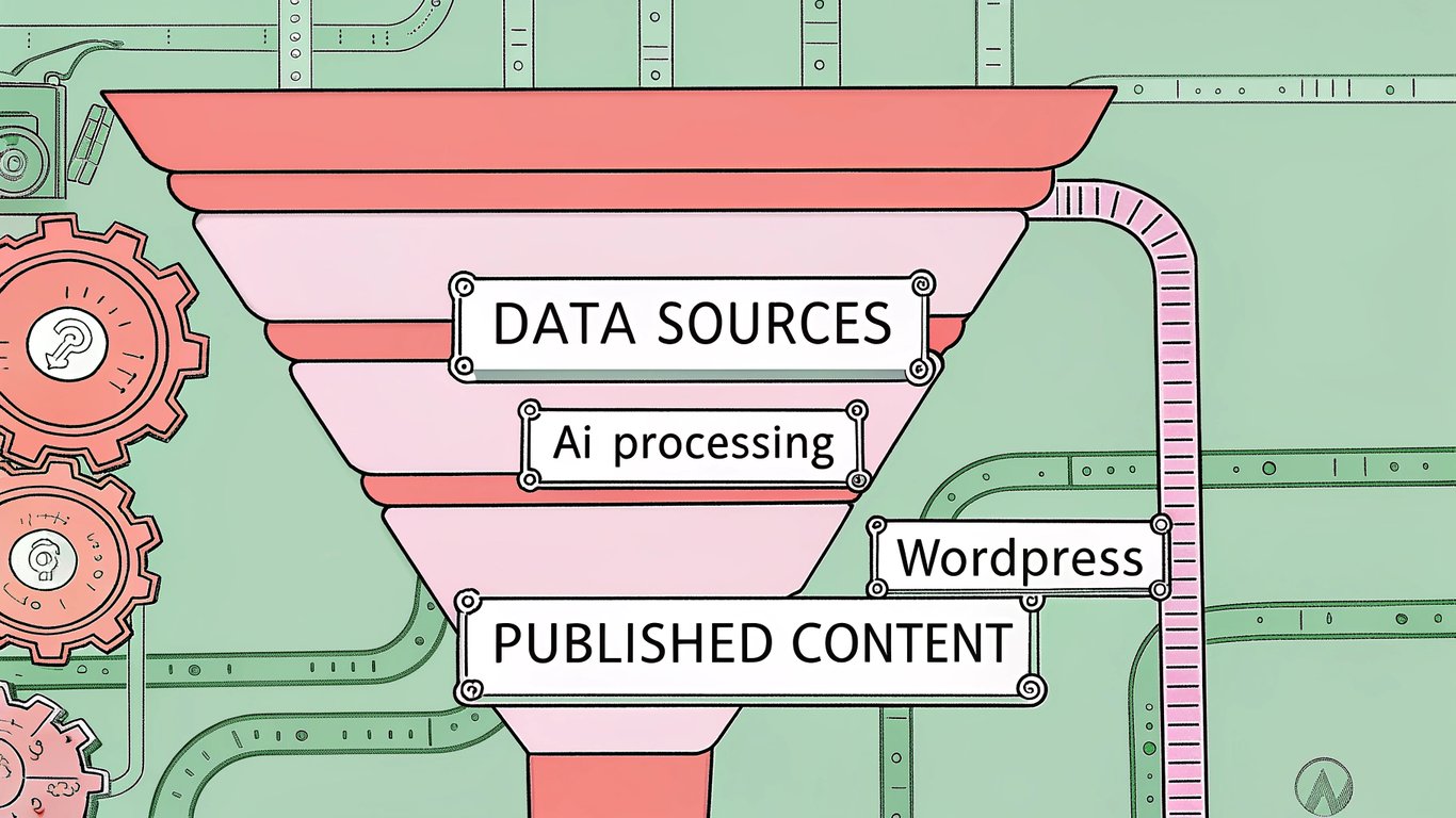 Diagram illustrating the auto-blogging pipeline from data input to published WordPress content.