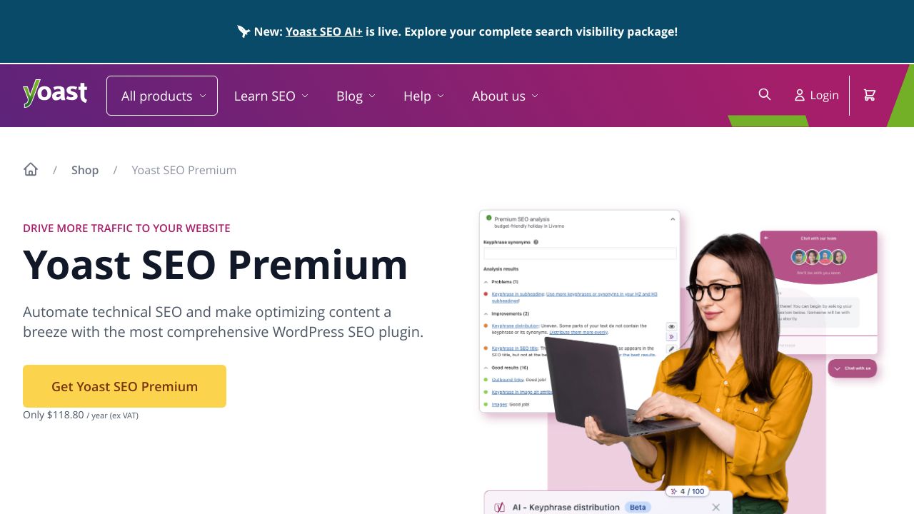 Screenshot of the Yoast SEO plugin website, showcasing its features and interface.