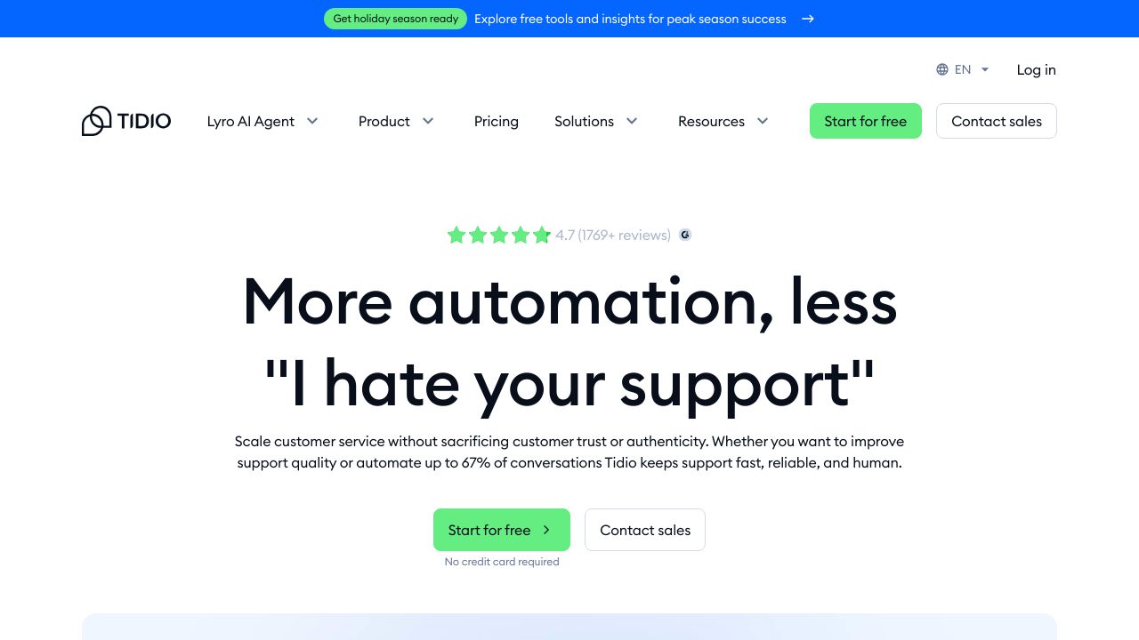 Screenshot of the Tidio website, showcasing its live chat widget and multi-channel communication features.