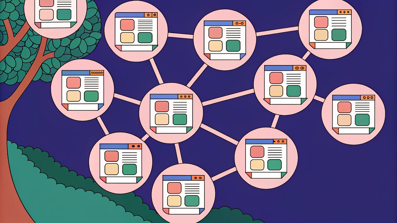 Illustration of a website's internal linking structure, showing pages connected by lines.