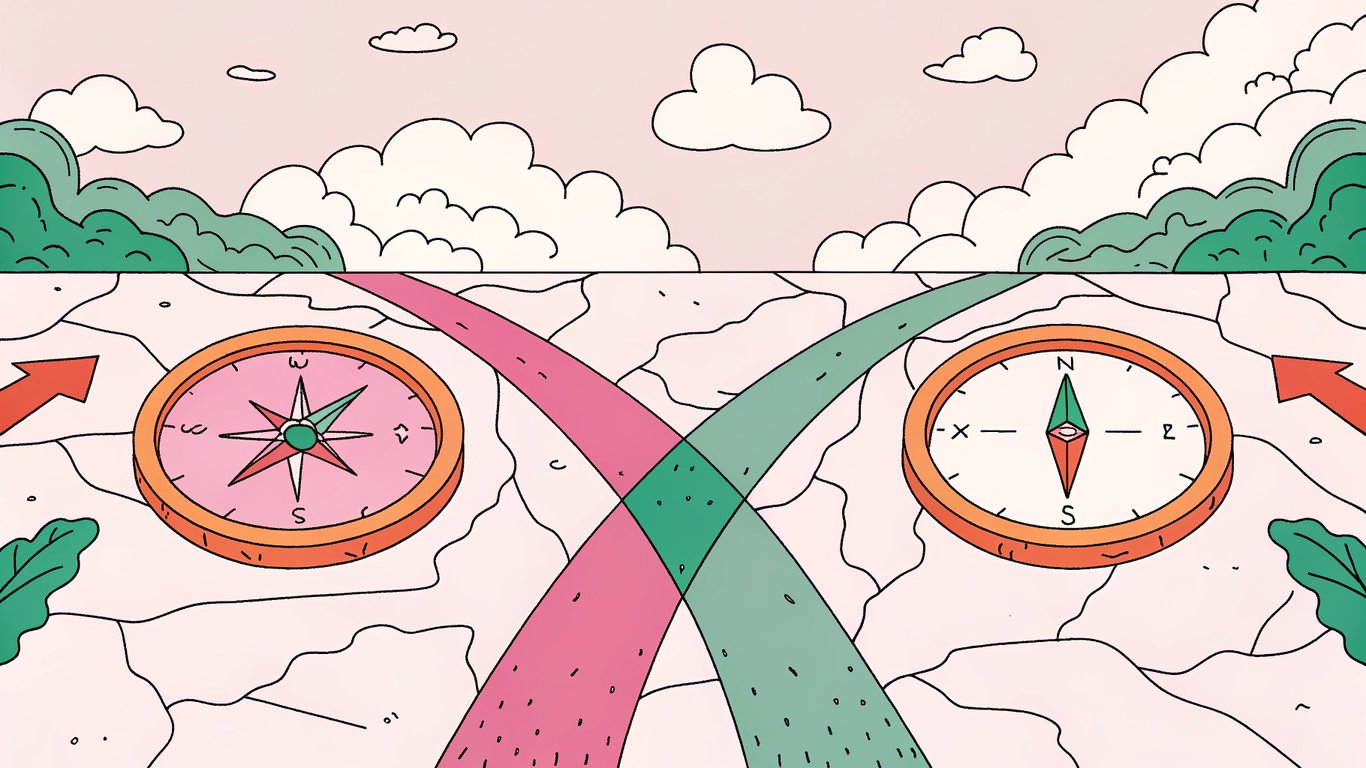 Illustration showing two diverging paths: one leading to sustainable growth with strategic SEO tools, and the other to a dead end with warning signs, representing affordable versus cheap SEO.