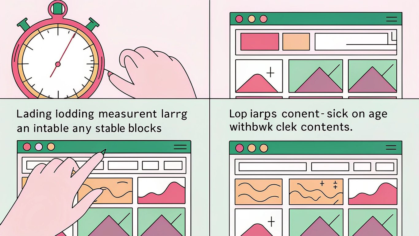 Visual representation of Google's Core Web Vitals: Largest Contentful Paint, Interaction to Next Paint, and Cumulative Layout Shift.