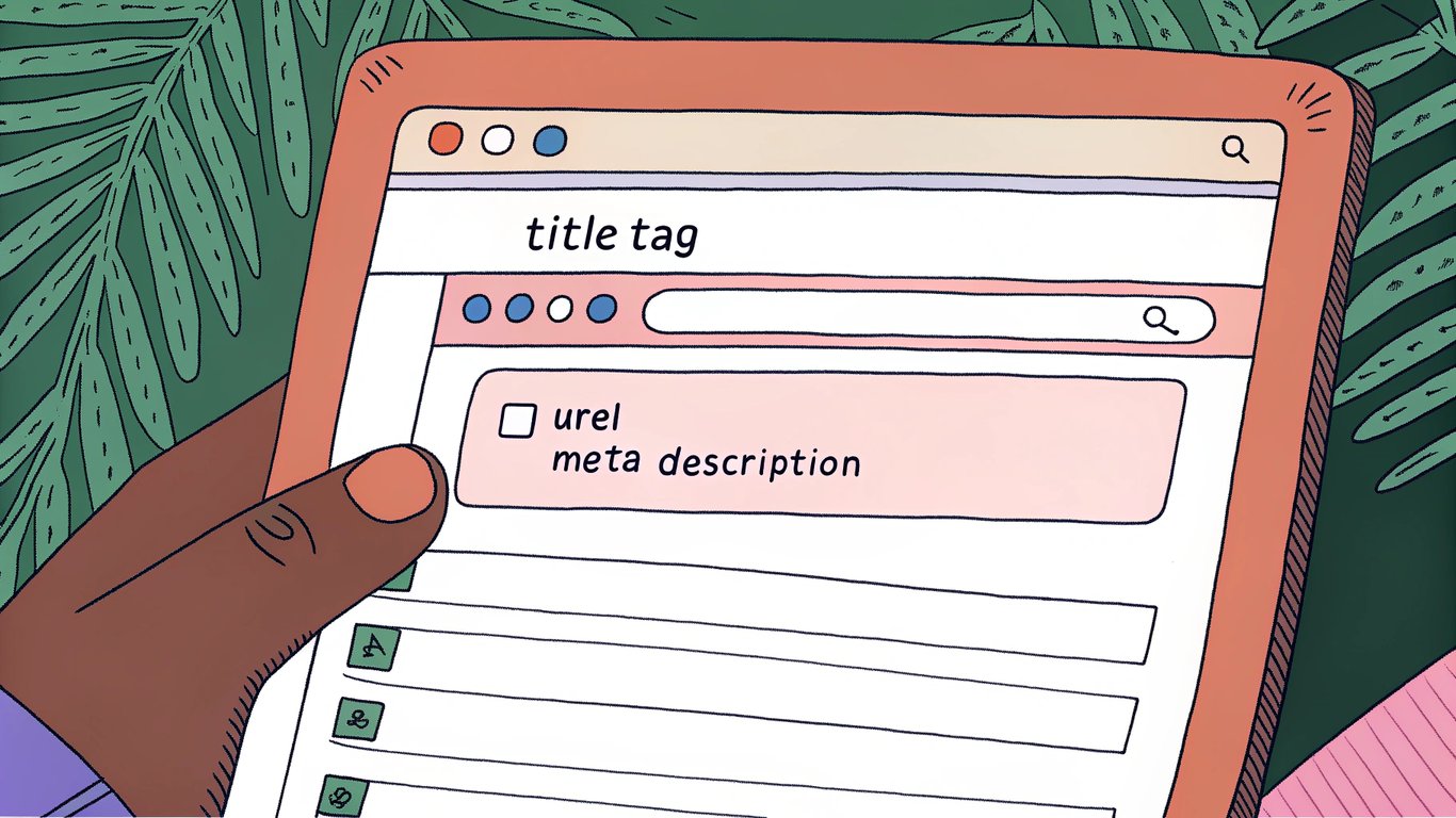 Illustration of a search engine results page snippet, highlighting the title, URL, and meta description.