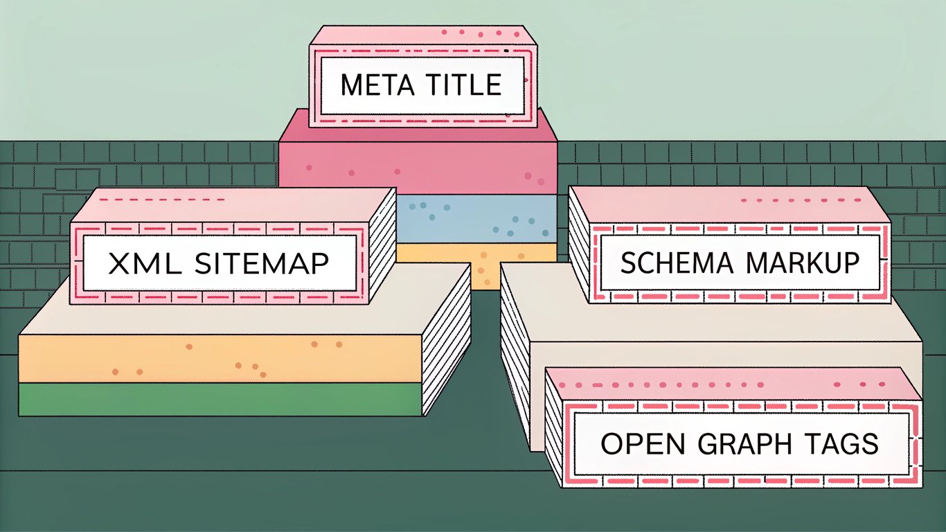 Illustration of various SEO elements like meta titles, sitemaps, and schema markup fitting together.