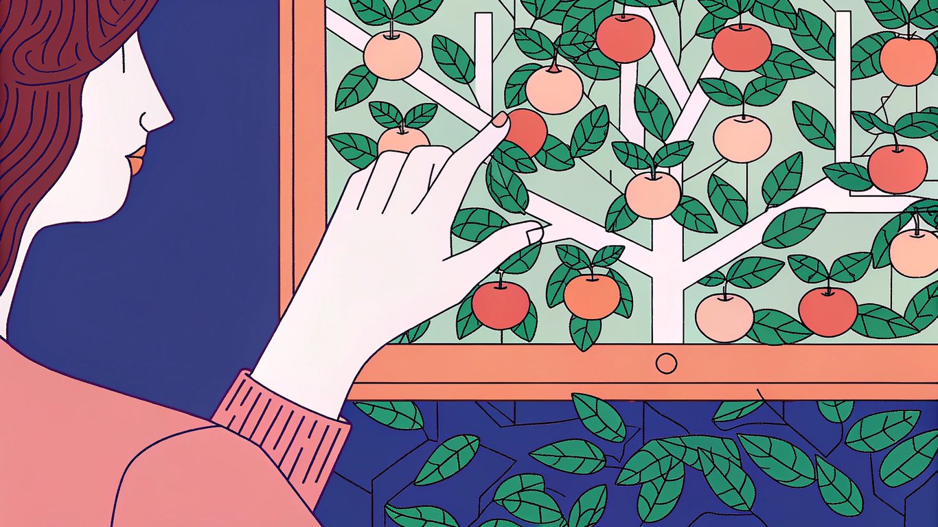 An illustration of someone easily picking low-hanging fruit, symbolizing quick and achievable SEO improvements.