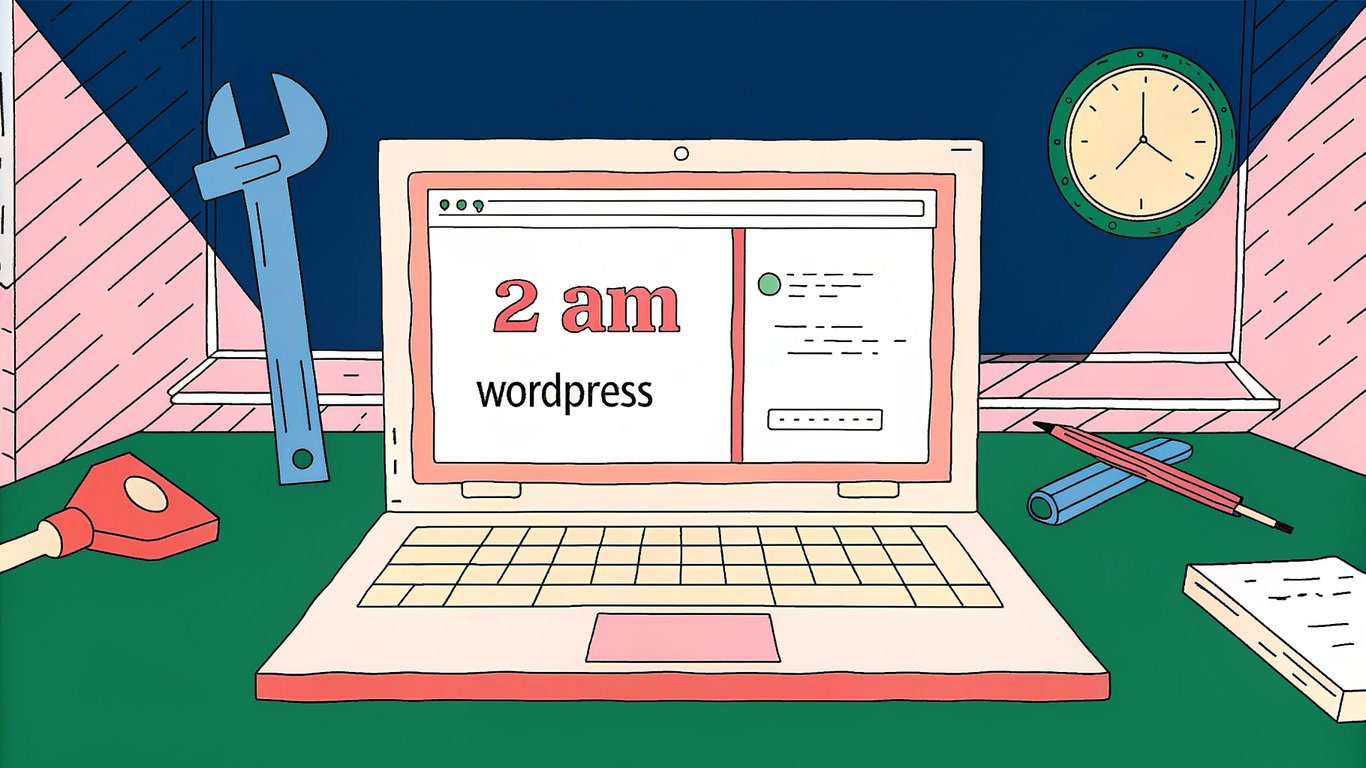 A dramatic 2 AM office scene with a glowing laptop screen displaying a WordPress dashboard, surrounded by tools like a wrench, shield, and code symbols. Subtle neon glow and a clock showing 2:00 AM add urgency and a high‑tech vibe.