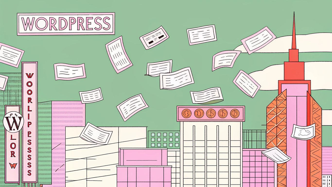 A futuristic WordPress admin panel with floating typefaces morphing from classic serif to clean sans-serif, overlaid on a digital cityscape illuminated by neon typography that showcases the transformative power of font choices.