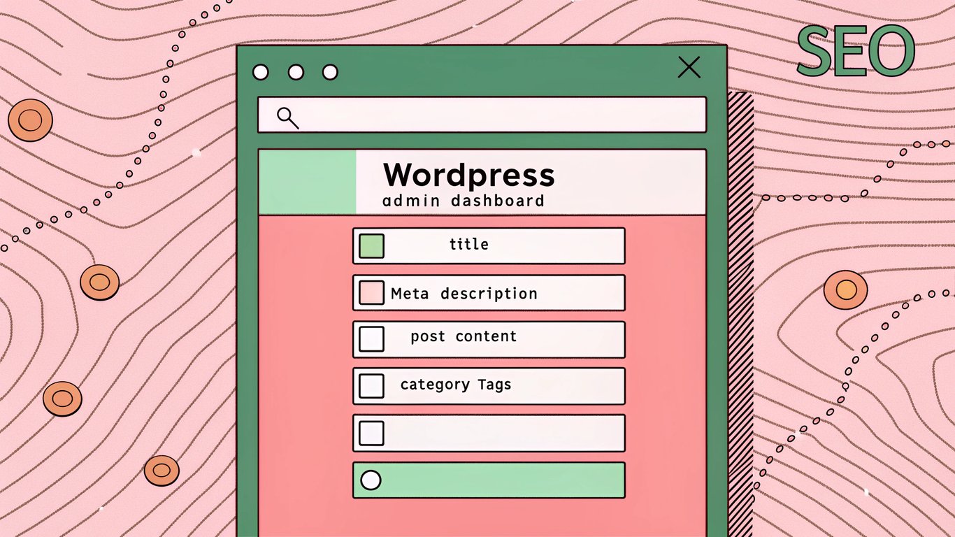 A sleek WordPress admin dashboard screen with highlighted fields—title, meta description, post content, and category tags—illuminated by glowing lines that trace a treasure‑map style route, set against a dark background with subtle SEO icons floating like constellations.