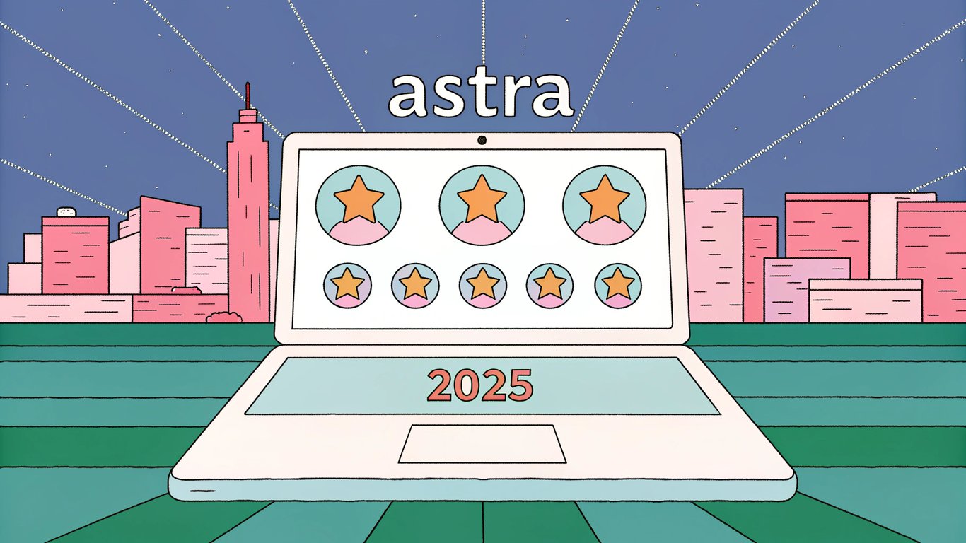 Ultra‑modern, glowing WordPress dashboard displayed on a sleek laptop, with a stylized Astra theme logo hovering above and surrounded by 5‑star icons and a subtle 2025 digital clock, all bathed in a futuristic blue‑purple neon glow; the background features a city skyline at sunset, hinting at the theme's versatility and contemporary design.