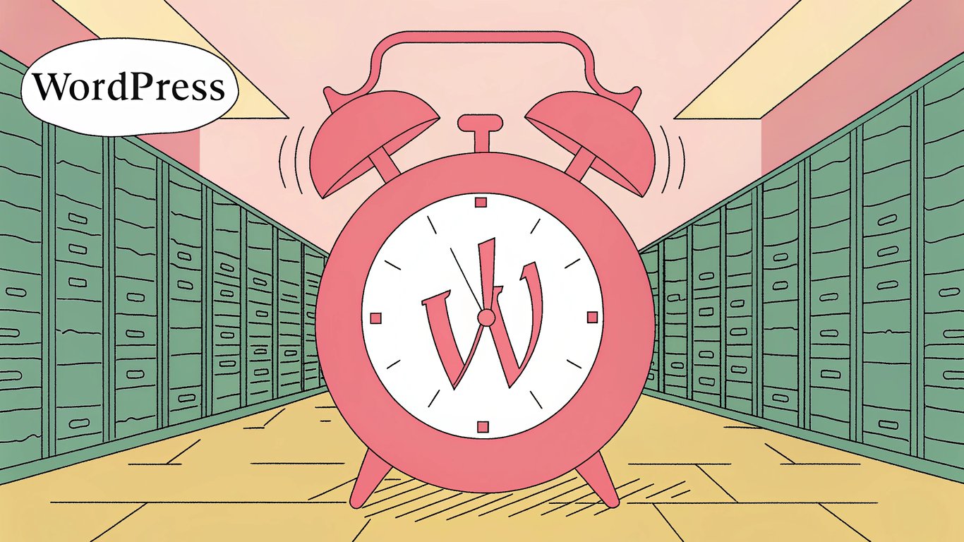 A dramatic digital illustration of a glowing red alarm clock against a dark server room backdrop, with a WordPress logo hovering above a downward‑trending line graph, symbolizing urgent downtime and lost SEO traffic.