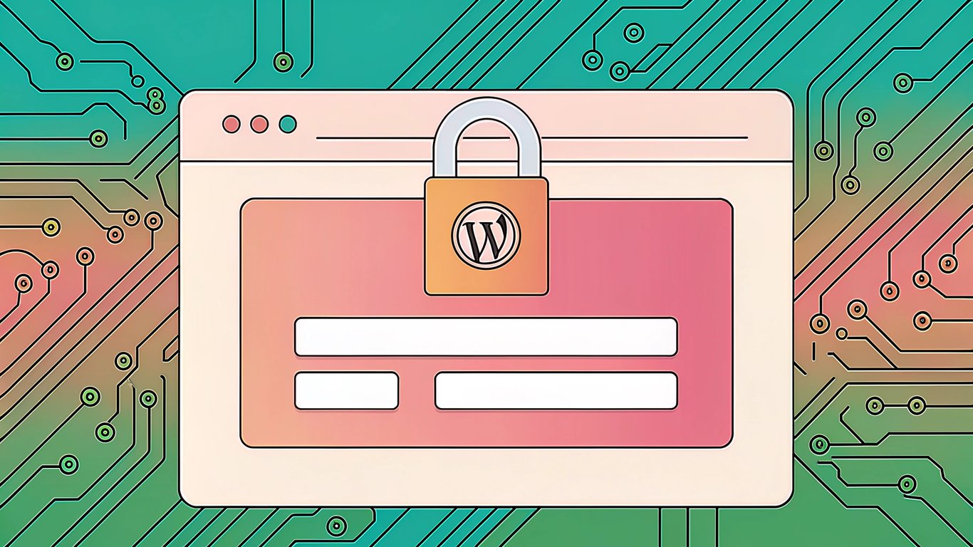 A sleek WordPress admin dashboard with a glowing padlock overlay on a vibrant gradient background, featuring a password input field illuminated by soft neon accents, surrounded by subtle digital security motifs like circuitry and a faint WordPress logo watermark.