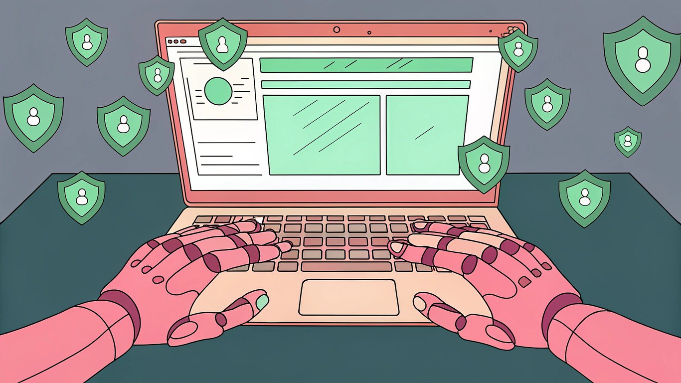 A sleek laptop displays a WordPress dashboard with a friendly robot hand typing on the screen, surrounded by floating green safety icons and a translucent shield overlay, all bathed in cool blue light to evoke secure, automated content flow.