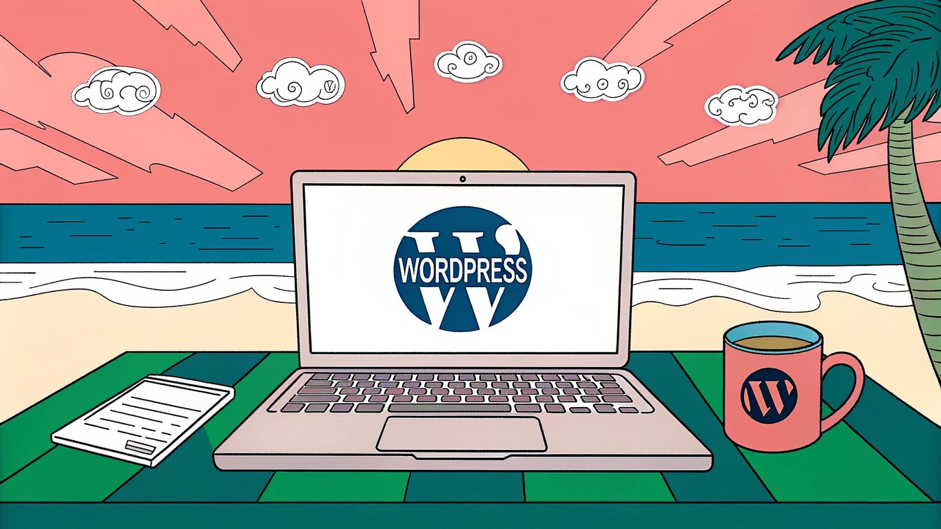 A sleek, modern workspace featuring a laptop with the WordPress logo on the screen, surrounded by floating icons of code, a world map, and a coffee mug, with a subtle sunrise backdrop over a tropical beach to symbolize remote work freedom.