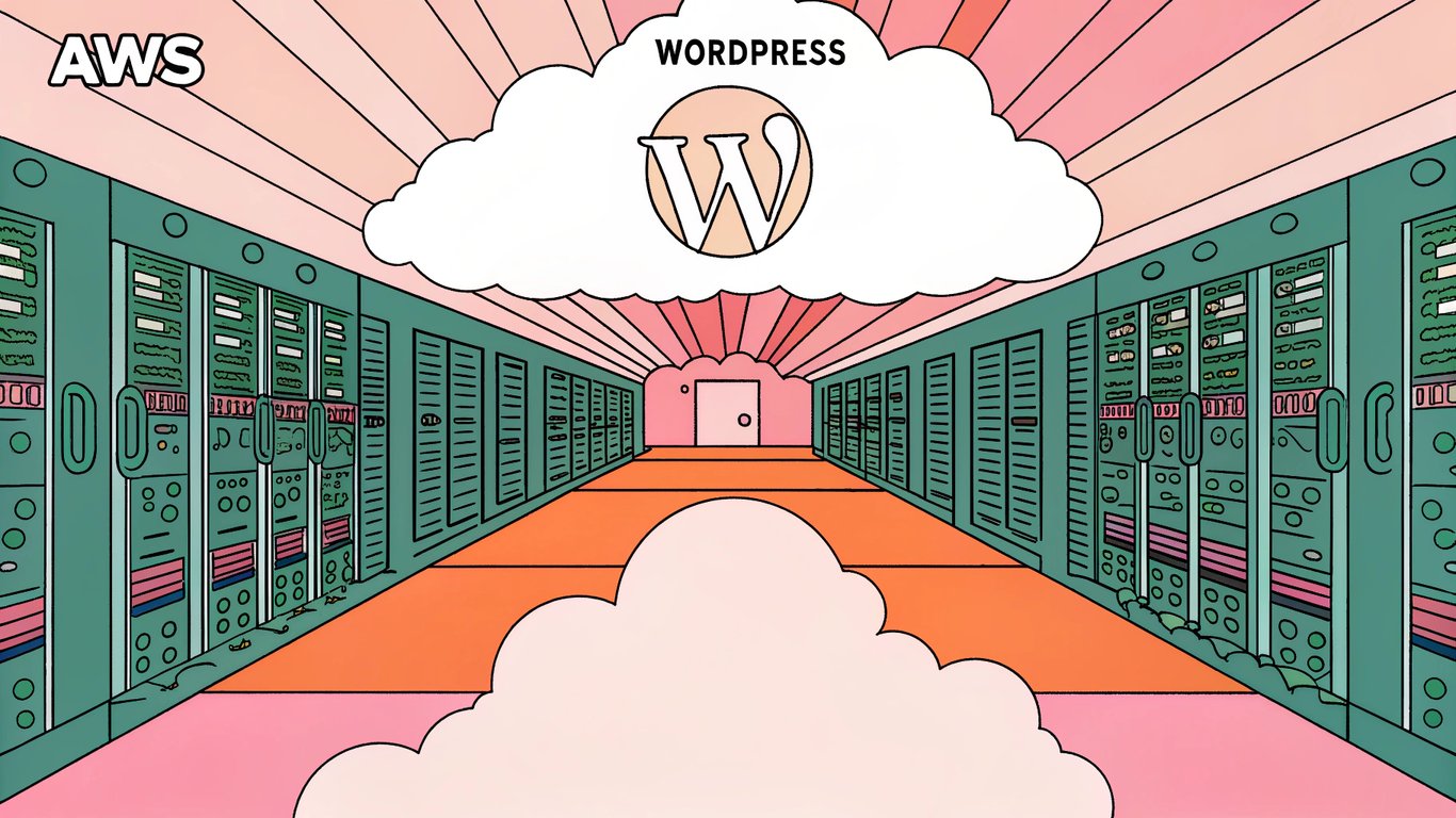 A sleek, futuristic server room bathed in blue and green AWS cloud light, featuring a glowing WordPress logo hovering above a high‑speed network diagram that pulses with data streams, evoking seamless, secure hosting setup.