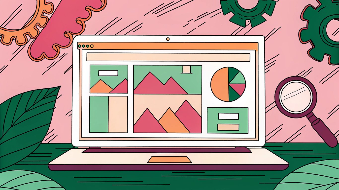 A sleek laptop displays the WordPress dashboard with a vibrant theme preview and SEO analytics graphs, surrounded by icons of a paintbrush, gear, and magnifying glass. Warm, inviting lighting highlights the interface, conveying ease of use for beginners.