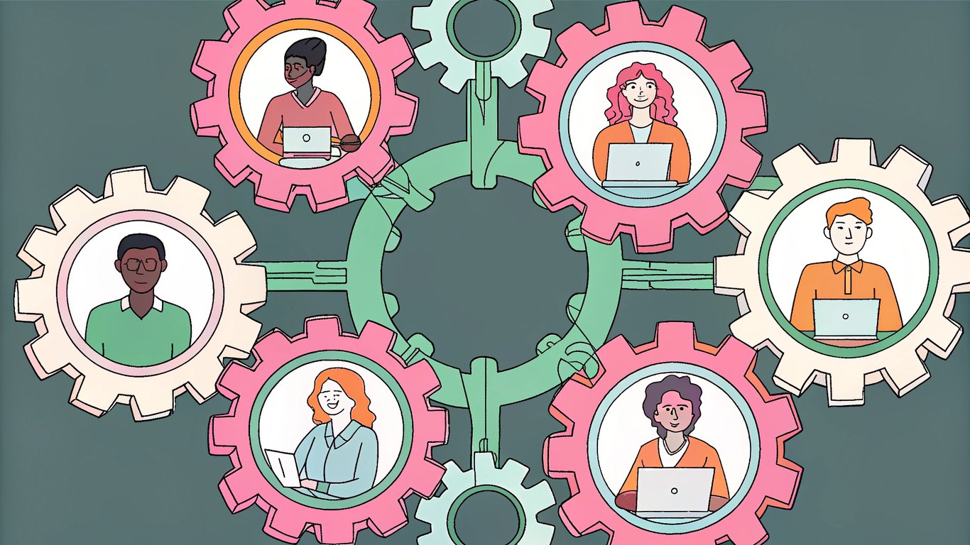 Illustration of diverse professionals collaborating on digital tasks, representing various WordPress roles.